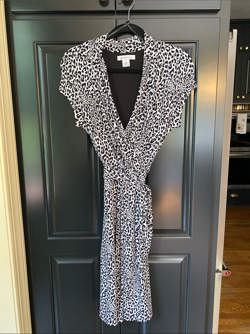 Liz Claiborne Black and White Leopard Print Midi Wrap Dress